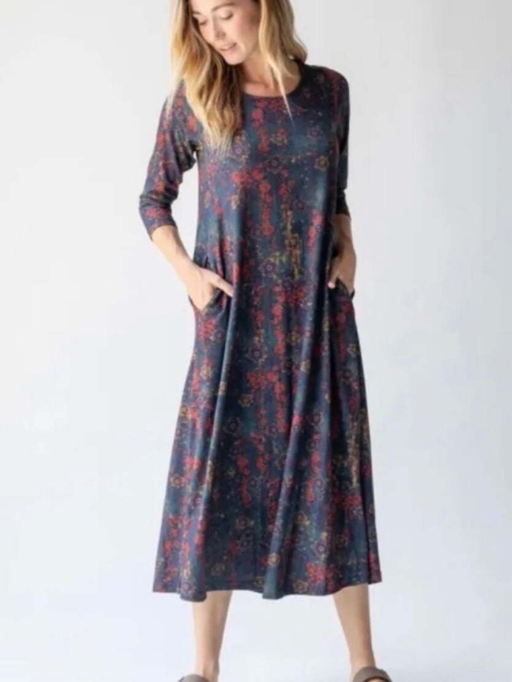 Natural Life Women's Floral Print Midi Maxi Dress with Pockets New w Tag Sz XL